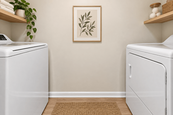 Inhome laundry room with modern appliances and botanical artwork